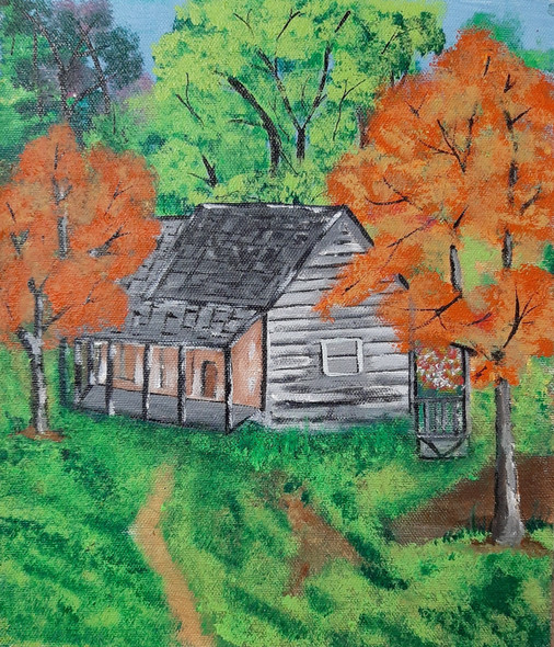 House with tree (ART_4292_49681) - Handpainted Art Painting - 8in X 11in