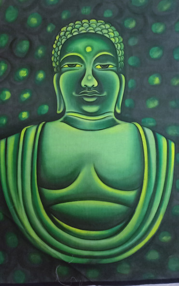 Green UV Buddha with fluorescent color handmade painting (ART_7555_49445) - Handpainted Art Painting - 18in X 28in