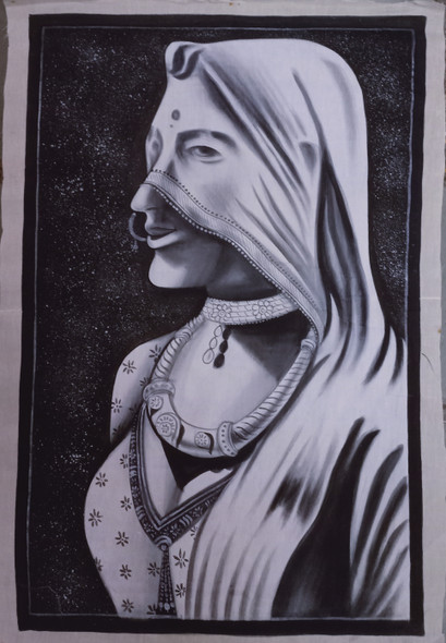 Indian Rajasthani Village Woman Covered The Face Uv White Color Painting (ART_7555_49442) - Handpainted Art Painting - 16in X 26in