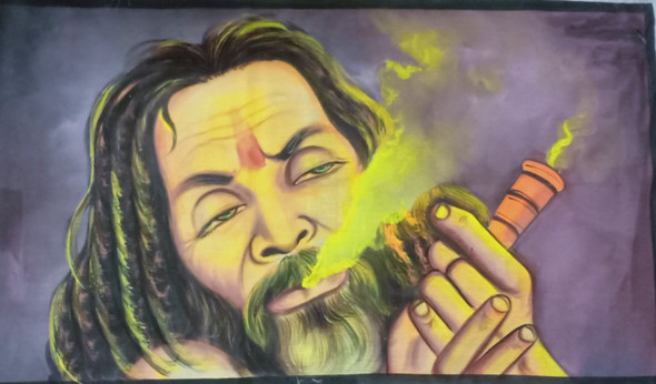 Indian UV smoking sadhu luminous color with handmade painting (ART_7555_49440) - Handpainted Art Painting - 17in X 27in