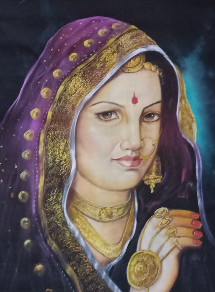 Handmade painting on silk hand painting rajasthani bride woman's (ART_7555_49431) - Handpainted Art Painting - 18in X 22in
