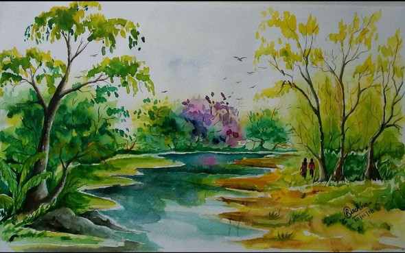 Landscape (ART_7604_50242) - Handpainted Art Painting - 9in X 14in