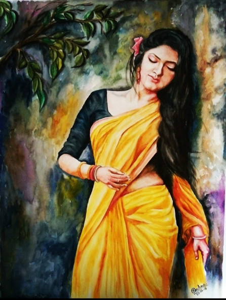 Indian Beauty (ART_7604_50146) - Handpainted Art Painting - 14in X 19in