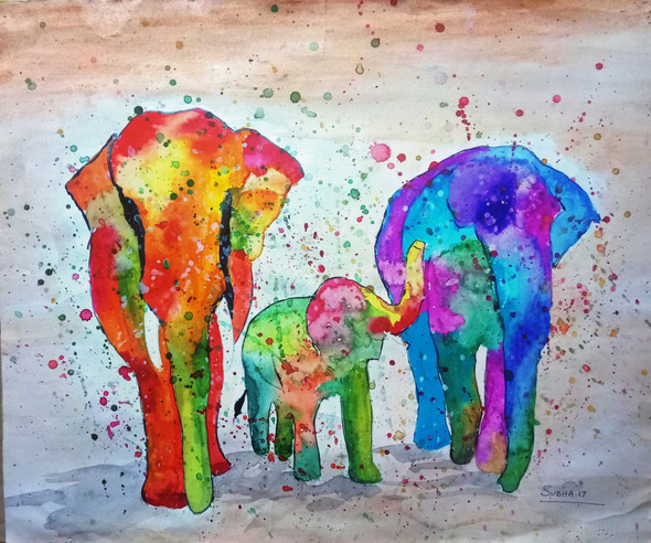 Elephant family (ART_7576_49616) - Handpainted Art Painting - 21in X 17in