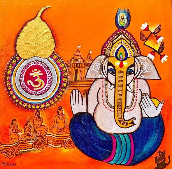 Ganesh bhakti [dnv4] (ART_5103_50737) - Handpainted Art Painting - 20in X 20in