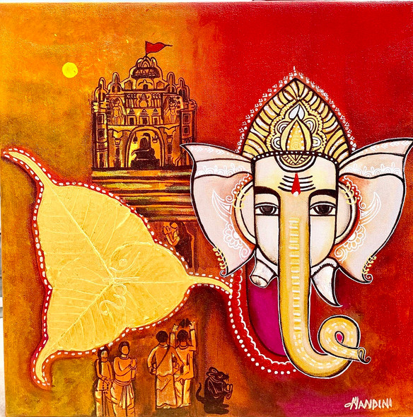 Ganesh bhakti [dnv2] (ART_5103_50735) - Handpainted Art Painting - 20in X 20in