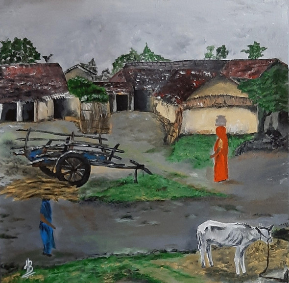 Village (ART_5839_50624) - Handpainted Art Painting - 18in X 18in