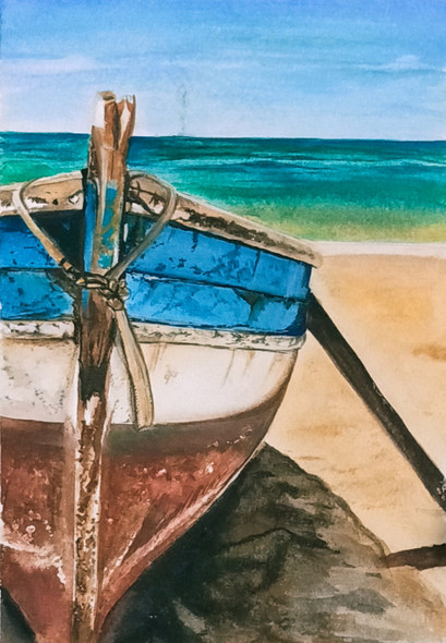 Boat on a shore (ART_7635_51192) - Handpainted Art Painting - 5in X 7in