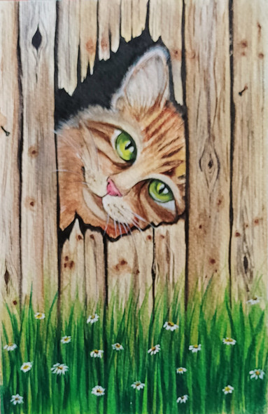 Kitty behind the fence (ART_7635_51190) - Handpainted Art Painting - 6in X 8in