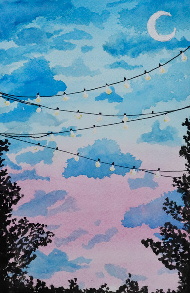 Fairylights across a pretty sky (ART_7544_51090) - Handpainted Art Painting - 8in X 11in
