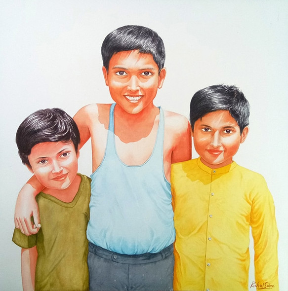 Childhood Friends (ART_7447_51062) - Handpainted Art Painting - 22in X 22in