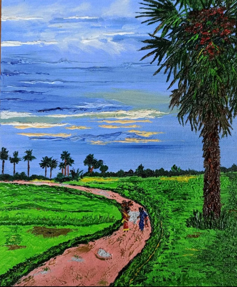 The red path out of the village (ART_7692_51011) - Handpainted Art Painting - 12in X 10in