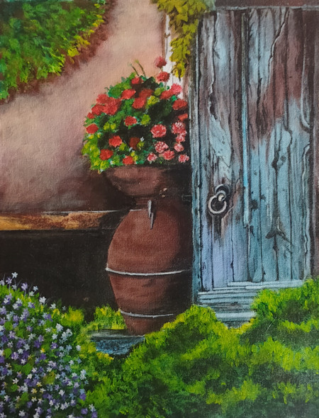 Old door art  (ART_7635_50967) - Handpainted Art Painting - 12in X 16in