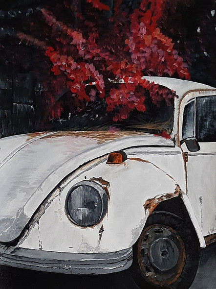 White Rusty Car (ART_5839_50776) - Handpainted Art Painting - 18in X 24in