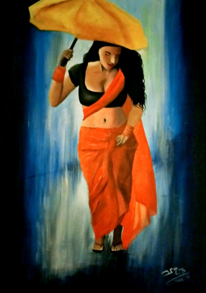 In The Rain (ART_398_49935) - Handpainted Art Painting - 18in X 24in