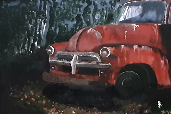Rusty Red Car (ART_5839_50775) - Handpainted Art Painting - 24in X 18in