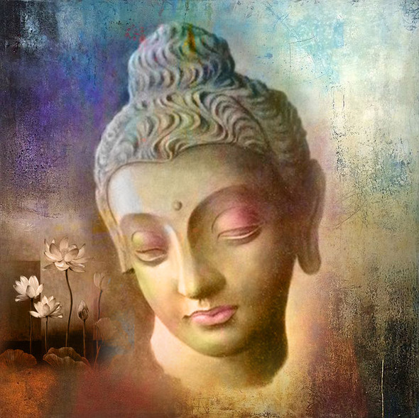 buddha, smiling buddha painting, buddha with lotus, buddha with flower, buddha face