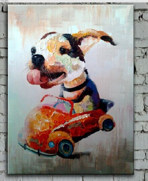 dog, car, dog on car,dog riding car, dog painting, painting of dog riding car