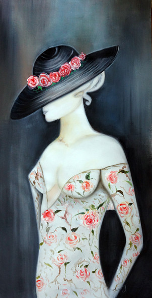 Lady , Women in Black Hat,Floral Frock,Black Background Pink Dress