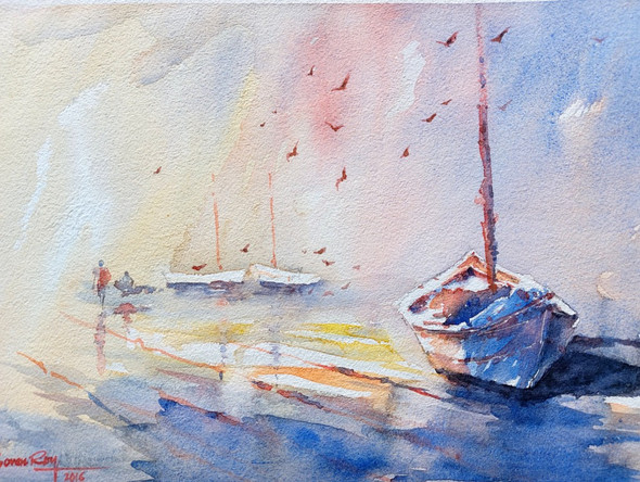 FISHING BOAT (ART_5774_51505) - Handpainted Art Painting - 14in X 10in
