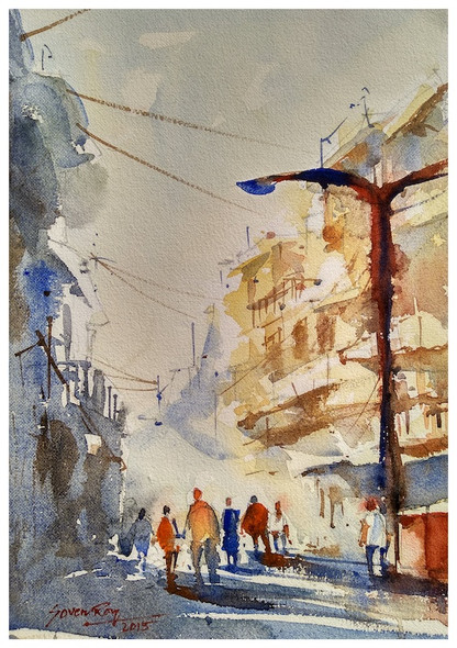 BUSY STREET (ART_5774_51501) - Handpainted Art Painting - 10in X 14in