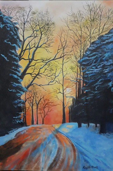 Icy Sunset (ART_4209_51497) - Handpainted Art Painting - 12in X 18in