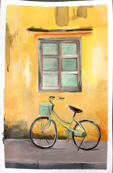 Bicycle on a sidewalk (ART_7609_51457) - Handpainted Art Painting - 5in X 8in