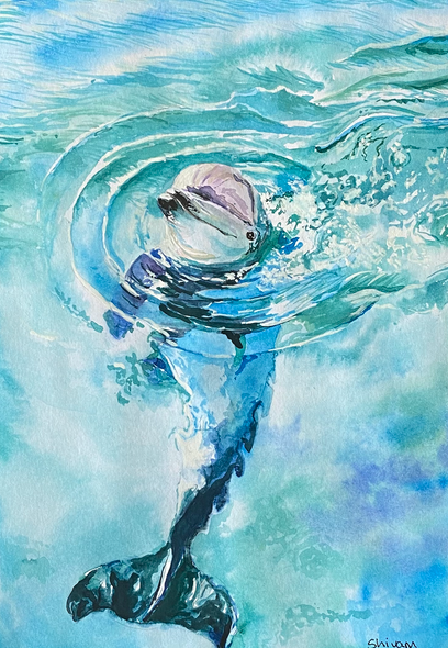 That cheery dolphin (ART_7695_51412) - Handpainted Art Painting - 6in X 8in