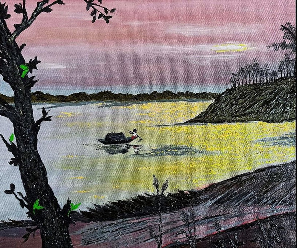 An Indian River Scene (ART_7692_51373) - Handpainted Art Painting - 12in X 10in