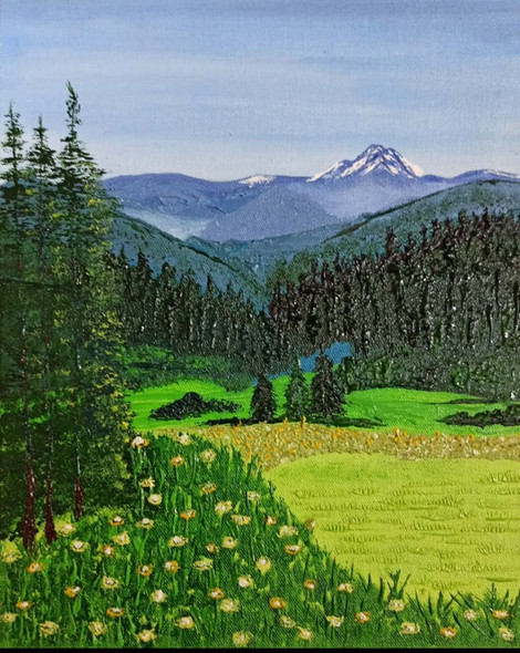 Mountain and meadow (ART_7692_51361) - Handpainted Art Painting - 10in X 12in