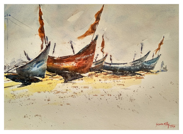 BOATS ON A GOA BEACH (ART_5774_51123) - Handpainted Art Painting - 14in X 10in