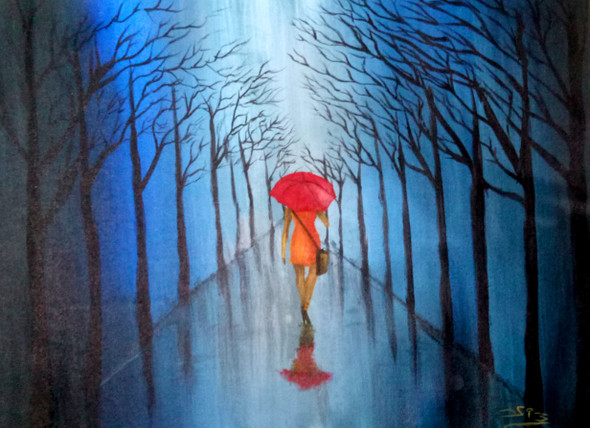 Under My Umbrella (ART_398_51621) - Handpainted Art Painting - 30in X 24in