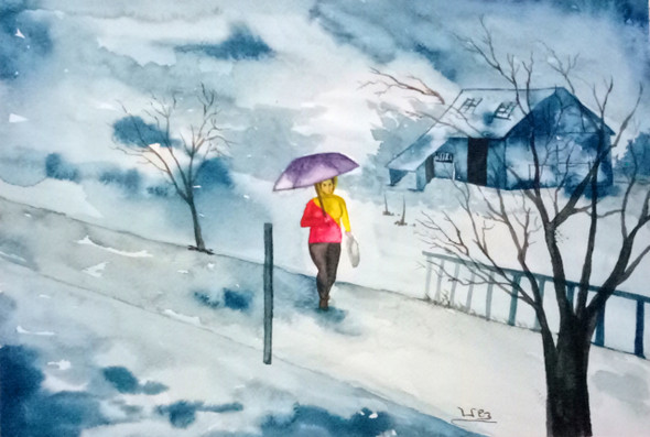 Snowfall (ART_398_51620) - Handpainted Art Painting - 16in X 11in