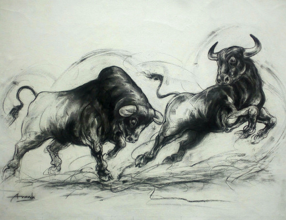 Fighting Bulls (ART_7456_51602) - Handpainted Art Painting - 40in X 30in