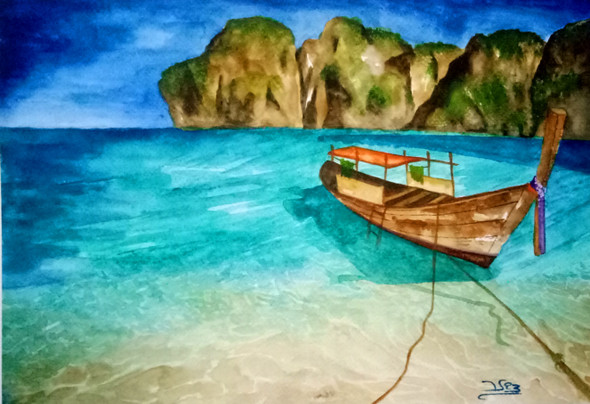The  Lonely Boat (ART_398_51569) - Handpainted Art Painting - 16in X 11in