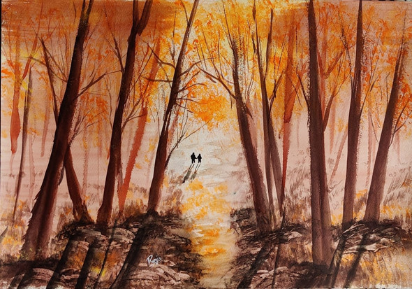 Autumn and couple (ART_7747_51891) - Handpainted Art Painting - 17in X 12in
