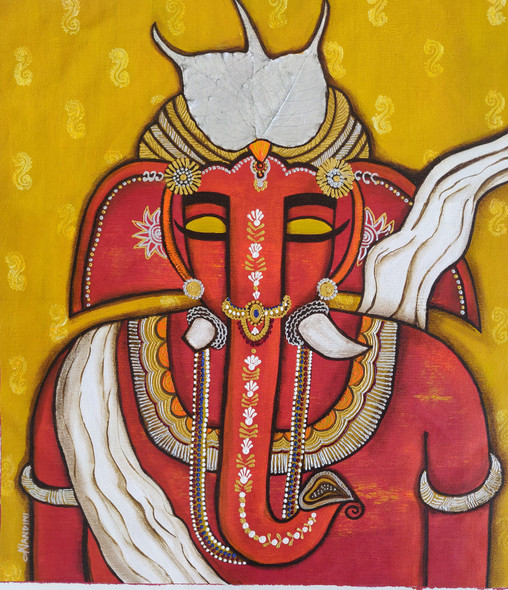 Red ganesha (ART_5103_51855) - Handpainted Art Painting - 21in X 24in