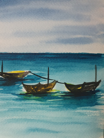 Boats in turquoise water (ART_7734_51677) - Handpainted Art Painting - 6in X 8in