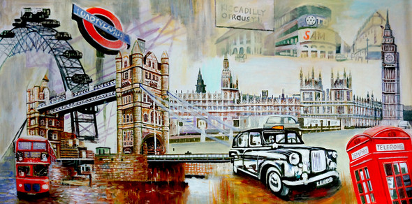 Landscape, cityscape, bridge, london, london painting, painting, car , road, buildings, city, telephone booth