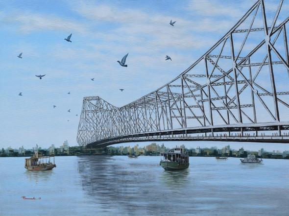 Howrah Bridge  (ART_7774_52376) - Handpainted Art Painting - 48in X 36in