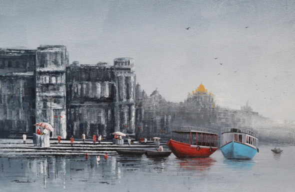 Banaras Ghat -1 (ART_7774_52371) - Handpainted Art Painting - 36in X 24in