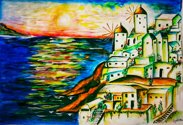 Santorini  (ART_5271_52249) - Handpainted Art Painting - 18in X 12in