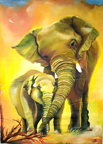 Mother And Baby Elephant (ART_7440_52196) - Handpainted Art Painting - 20 in X 29in