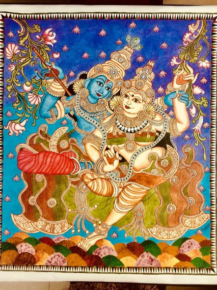 Krishna and Radha on a swing (ART_7756_52180) - Handpainted Art Painting - 32in X 37in