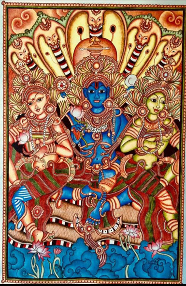 Lord Vishnu reclining on his seshnag Ananta (ART_7756_52165) - Handpainted Art Painting - 21in X 32in