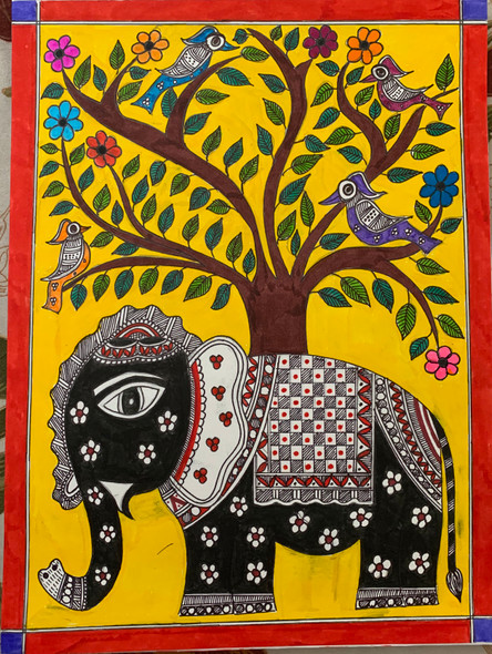 Elephant Madhubani painting  (ART_7761_52229) - Handpainted Art Painting - 11in X 15in