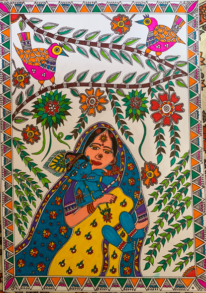 Yashoda MAA with baby krishna Madhubani  (ART_7761_52228) - Handpainted Art Painting - 12in X 17in