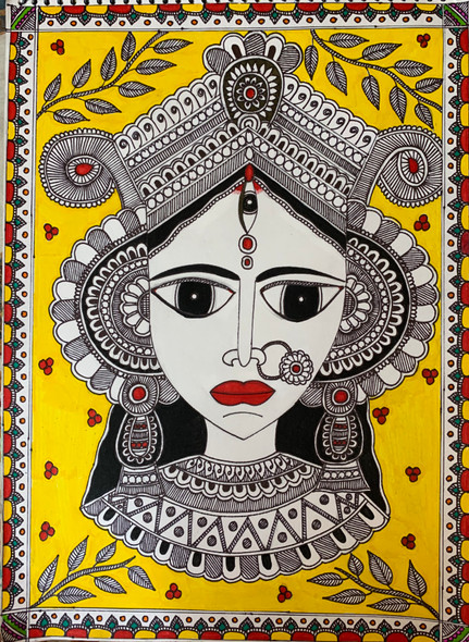 MAA Durga Madhubani  (ART_7761_52225) - Handpainted Art Painting - 11in X 16in