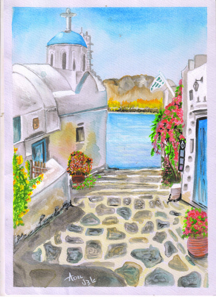 Santorini (ART_7746_52025) - Handpainted Art Painting - 8in X 12in