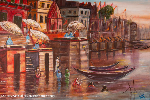 Banaras Ghat (ART_7787_52499) - Handpainted Art Painting - 36in X 24in